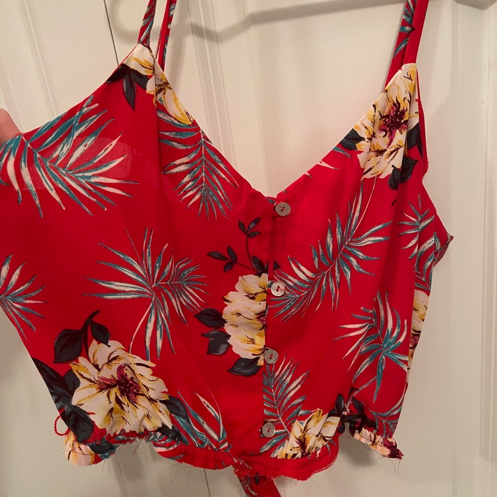 red floral cropped cross over tank top